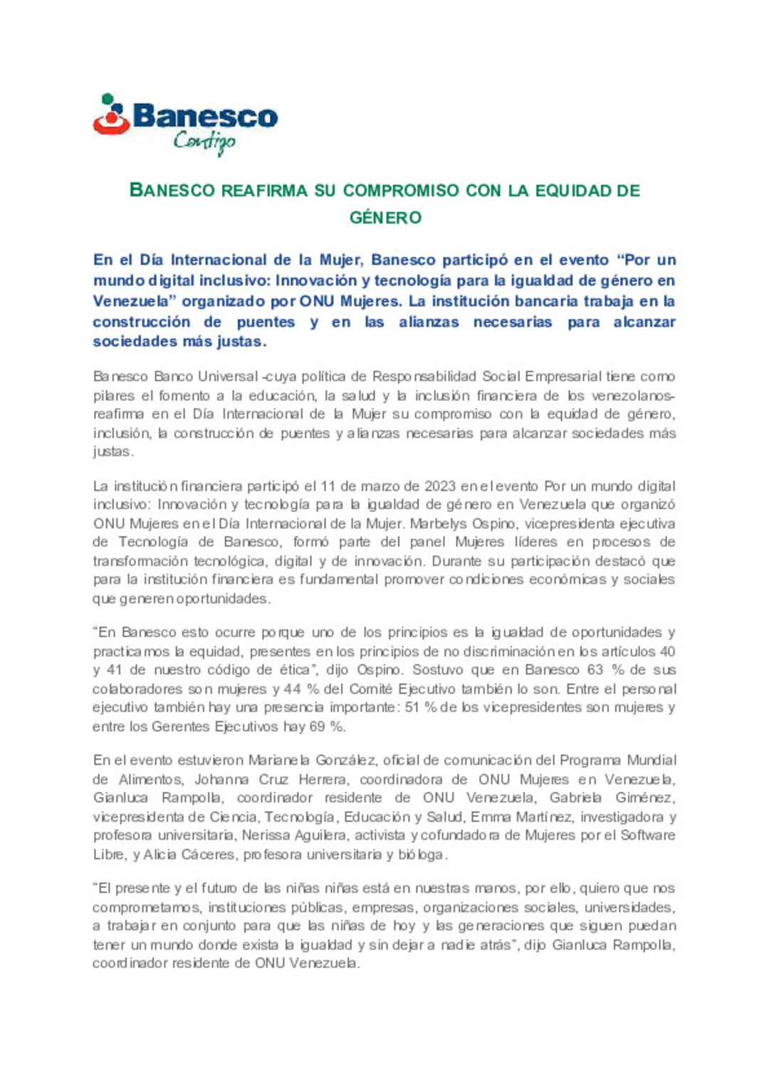 Banesco reafirma su compromiso con la equidad de género