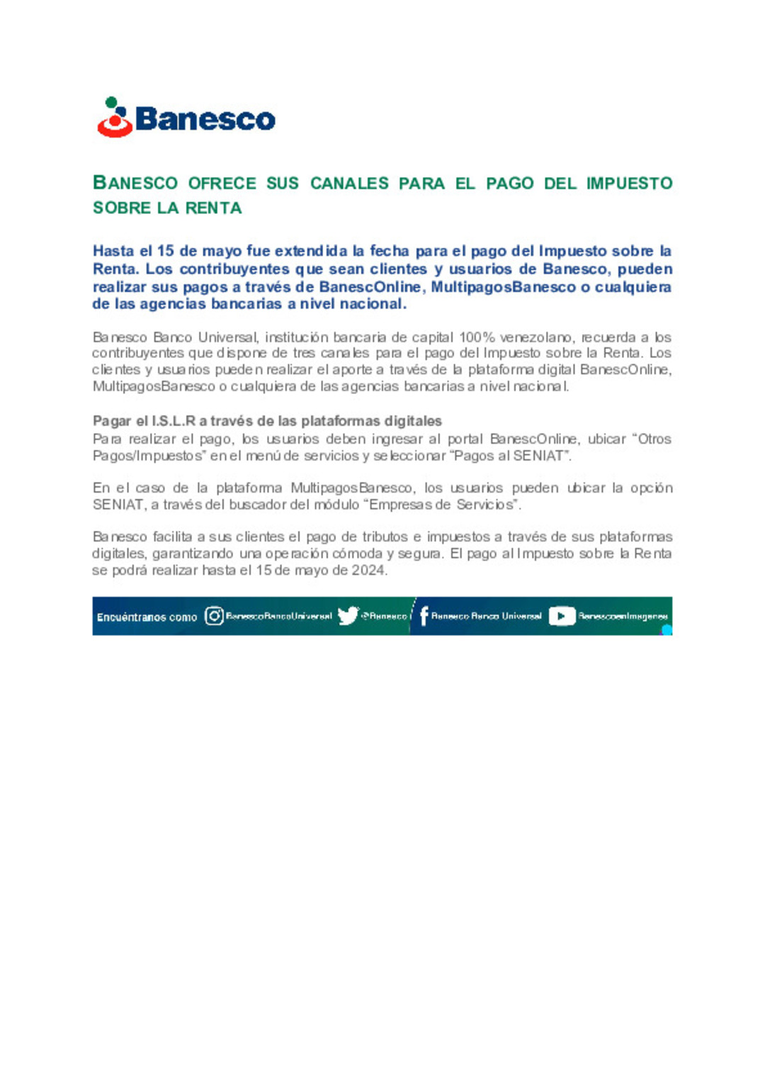 Banesco ofrece sus canales para el pago del impuesto sobre la renta